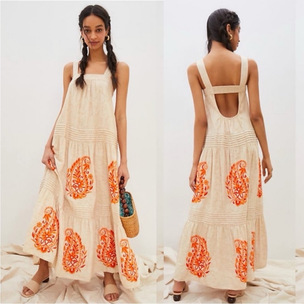 Anthropologie felicity embroidered maxi dress oatmeal and Orange S M